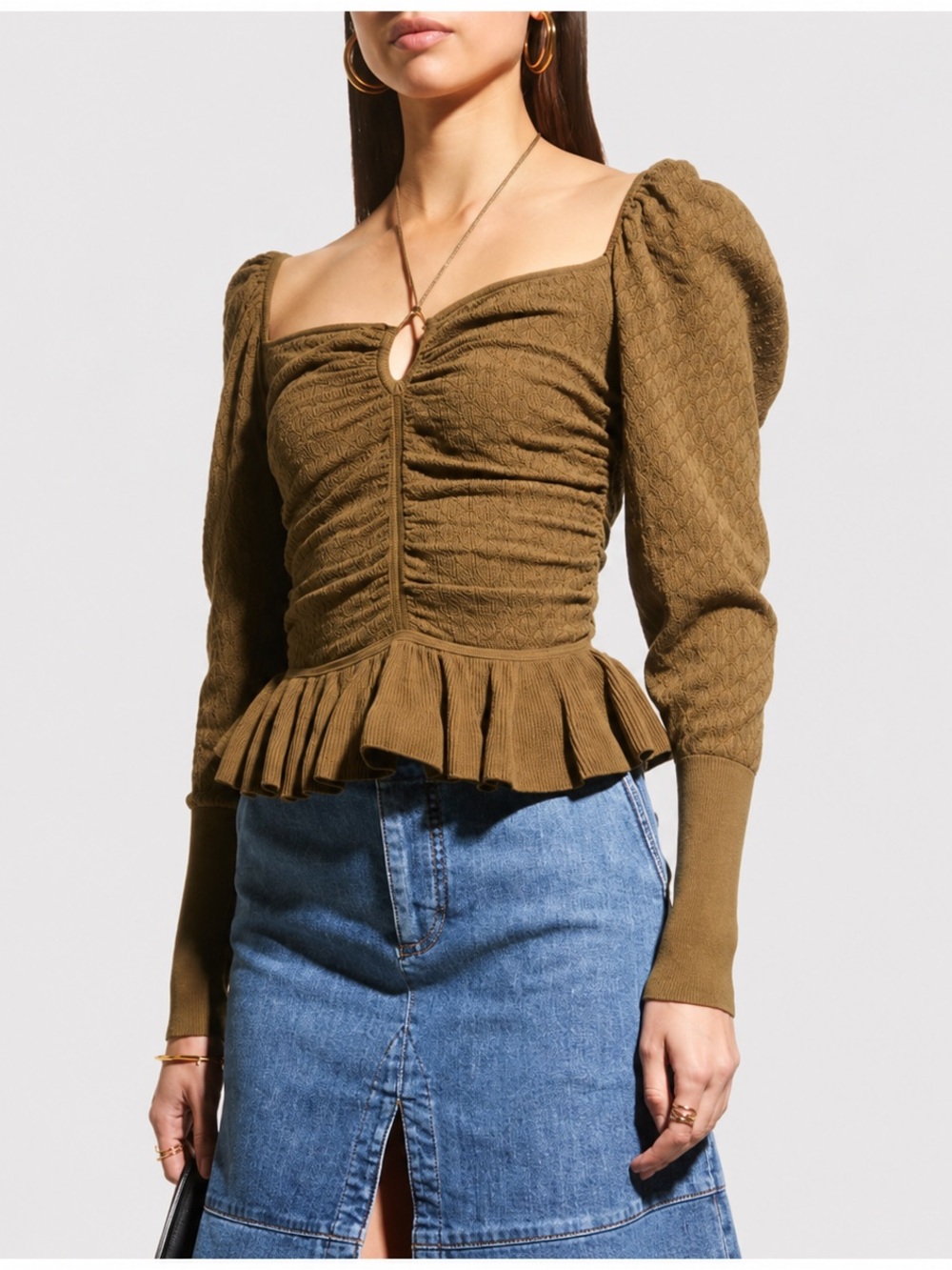 Ulla Johnson Leland Pointelle Olive Green Knit Peplum Top Petite XS/S